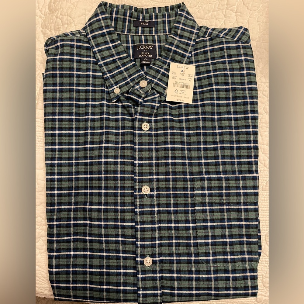 J. Crew Men's Navy and Green Checkered Shirt